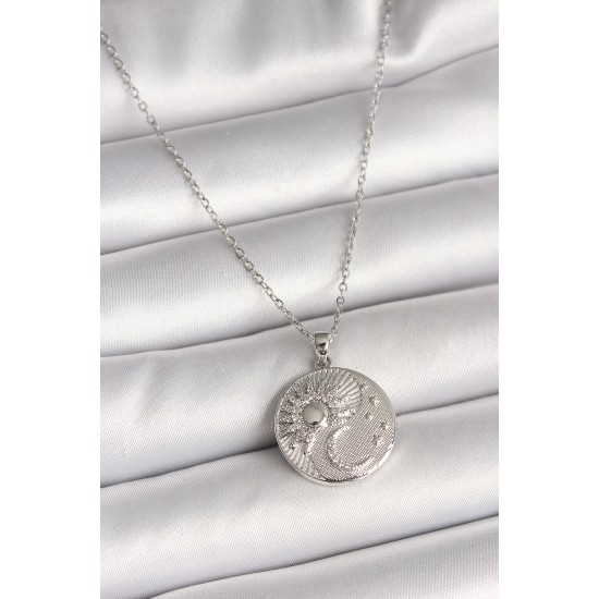 316L Çelik Gümüş Renk Zincir Zirkon Taşlı Ay Güneş İşlemeli Madalyon Model Kadın Kolye - TJ-BKO9959