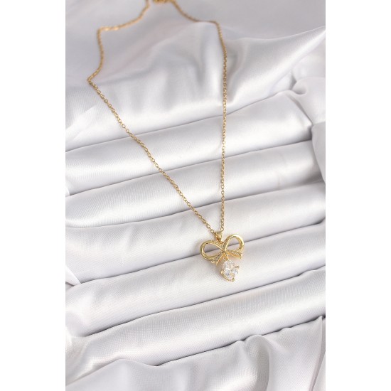 316L Çelik Gold Renk Zincir Zirkon Taşlı Kurdele Model Kadın Kolye - TJ-BKO9960