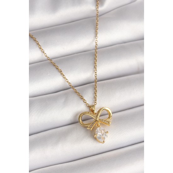 316L Çelik Gold Renk Zincir Zirkon Taşlı Kurdele Model Kadın Kolye - TJ-BKO9960