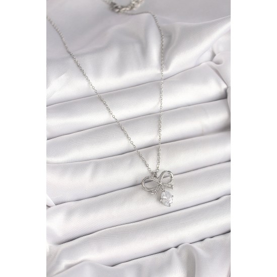 316L Çelik Gümüş Renk Zincir Zirkon Taşlı Kurdele Model Kadın Kolye - TJ-BKO9961