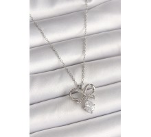 316L Çelik Gümüş Renk Zincir Zirkon Taşlı Kurdele Model Kadın Kolye - TJ-BKO9961