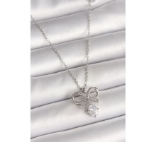 316L Çelik Gümüş Renk Zincir Zirkon Taşlı Kurdele Model Kadın Kolye - TJ-BKO9961