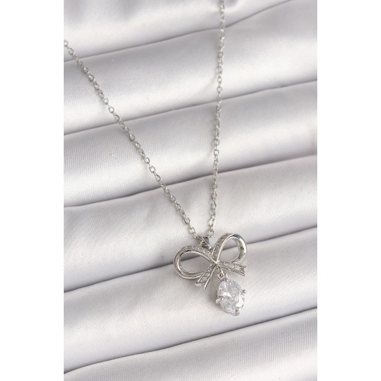 316L Çelik Gümüş Renk Zincir Zirkon Taşlı Kurdele Model Kadın Kolye - TJ-BKO9961