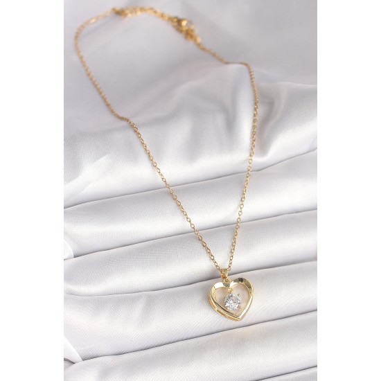 316L Çelik Gold Renk Zincir Zirkon Taşlı Kalp Model Kadın Kolye - TJ-BKO9962