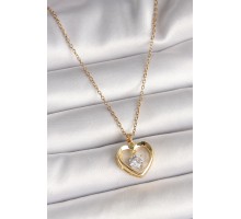 316L Çelik Gold Renk Zincir Zirkon Taşlı Kalp Model Kadın Kolye - TJ-BKO9962