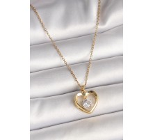316L Çelik Gold Renk Zincir Zirkon Taşlı Kalp Model Kadın Kolye - TJ-BKO9962