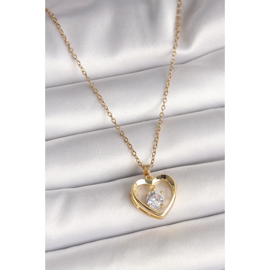 316L Çelik Gold Renk Zincir Zirkon Taşlı Kalp Model Kadın Kolye - TJ-BKO9962