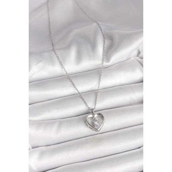 316L Çelik Gümüş Renk Zincir Zirkon Taşlı Kalp Model Kadın Kolye - TJ-BKO9963