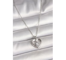 316L Çelik Gümüş Renk Zincir Zirkon Taşlı Kalp Model Kadın Kolye - TJ-BKO9963