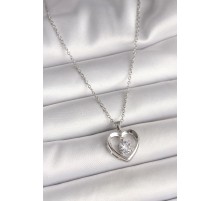 316L Çelik Gümüş Renk Zincir Zirkon Taşlı Kalp Model Kadın Kolye - TJ-BKO9963