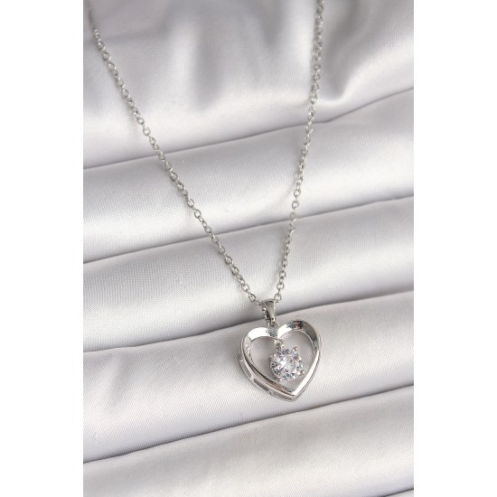 316L Çelik Gümüş Renk Zincir Zirkon Taşlı Kalp Model Kadın Kolye - TJ-BKO9963