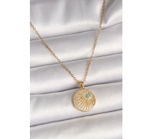 316L Çelik Gold Renk Zincir Zirkon Taş İşlemeli Mavi Taş Detaylı Madalyon Model Kadın Kolye - TJ-BKO9964