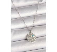 316L Çelik Gümüş Renk Zincir Zirkon Taşlı Mavi Taş Detaylı Madalyon Model Kadın Kolye - TJ-BKO9965