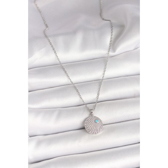 316L Çelik Gümüş Renk Zincir Zirkon Taşlı Mavi Taş Detaylı Madalyon Model Kadın Kolye - TJ-BKO9965