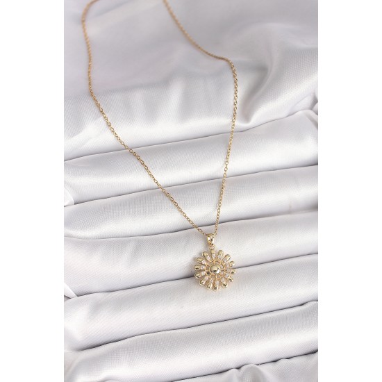 316L Çelik Gold Renk Zincir Zirkon Taşlı Güneş Model Kadın Kolye - TJ-BKO9966