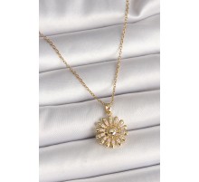 316L Çelik Gold Renk Zincir Zirkon Taşlı Güneş Model Kadın Kolye - TJ-BKO9966