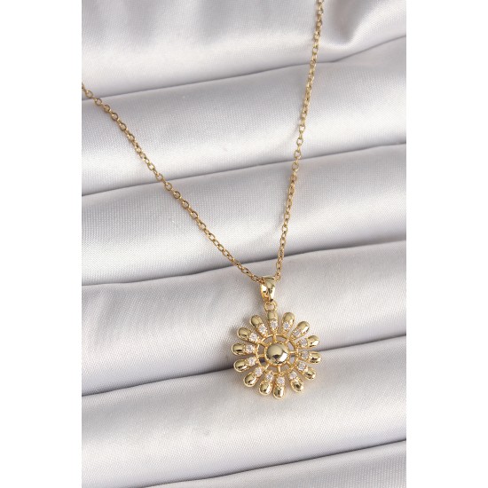 316L Çelik Gold Renk Zincir Zirkon Taşlı Güneş Model Kadın Kolye - TJ-BKO9966