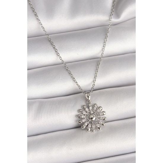 316L Çelik Gümüş Renk Zincir Zirkon Taşlı Güneş Model Kadın Kolye - TJ-BKO9967