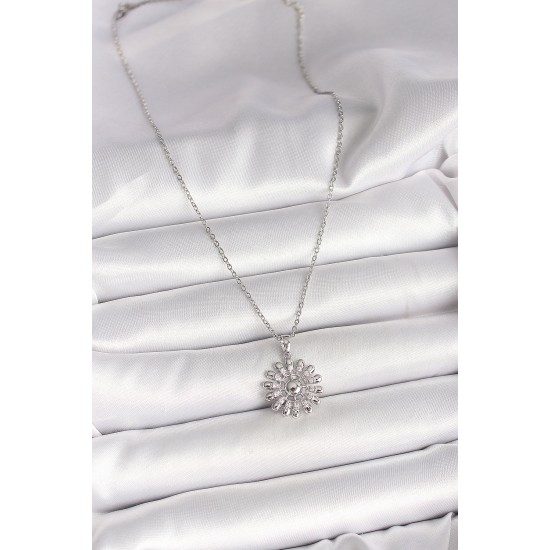 316L Çelik Gümüş Renk Zincir Zirkon Taşlı Güneş Model Kadın Kolye - TJ-BKO9967