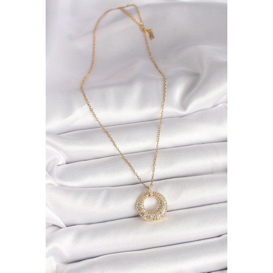 316L Çelik Gold Renk Zincir Zirkon Taş İşlemeli Daire Model Kadın Kolye - TJ-BKO9968
