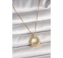 316L Çelik Gold Renk Zincir Zirkon Taş İşlemeli Daire Model Kadın Kolye - TJ-BKO9968