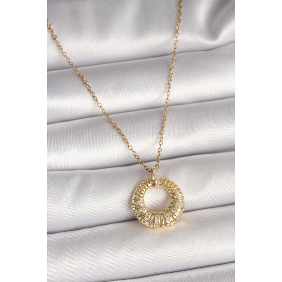 316L Çelik Gold Renk Zincir Zirkon Taş İşlemeli Daire Model Kadın Kolye - TJ-BKO9968