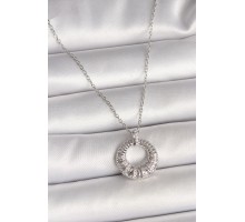 316L Çelik Gümüş Renk Zincir Zirkon Taş İşlemeli Daire Model Kadın Kolye - TJ-BKO9969