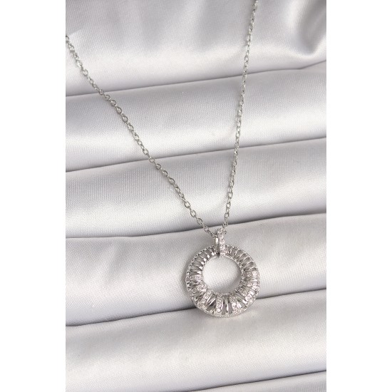 316L Çelik Gümüş Renk Zincir Zirkon Taş İşlemeli Daire Model Kadın Kolye - TJ-BKO9969