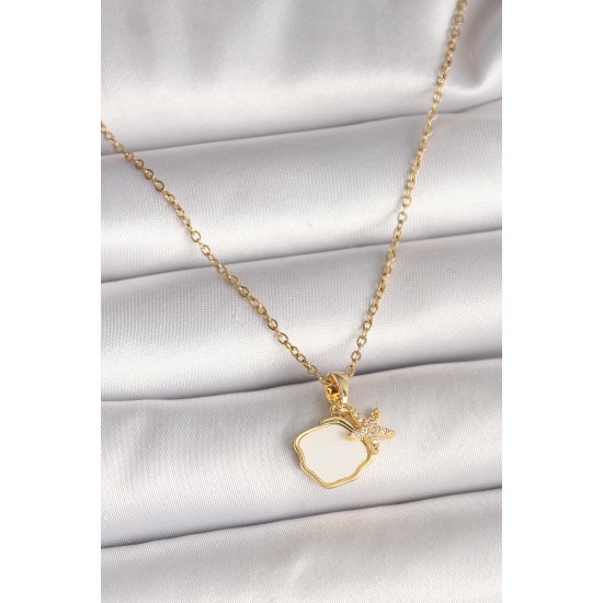 316L Çelik Gold Renk Zincir Sallantı Beyaz Mineli Deniz Kabuğu Zirkon Taşlı Deniz Yıldızı Figür Kadın Kolye - TJ-BKO9970