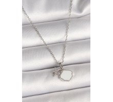 316L Çelik Gümüş Renk Zincir Sallantı Beyaz Mineli Deniz Kabuğu Zirkon Taşlı Deniz Yıldızı Figür Kadın Kolye - TJ-BKO9971