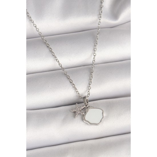 316L Çelik Gümüş Renk Zincir Sallantı Beyaz Mineli Deniz Kabuğu Zirkon Taşlı Deniz Yıldızı Figür Kadın Kolye - TJ-BKO9971