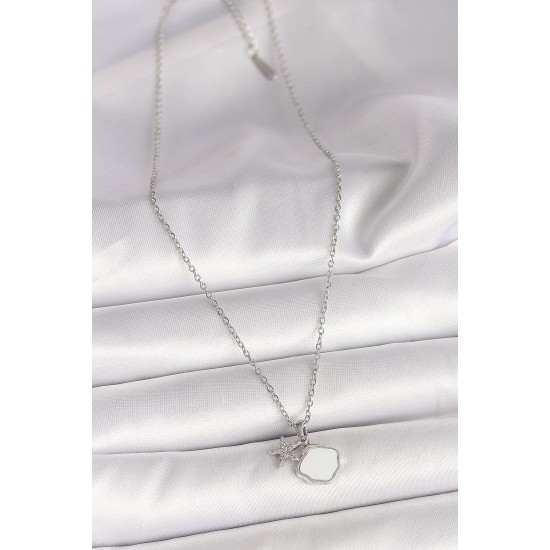 316L Çelik Gümüş Renk Zincir Sallantı Beyaz Mineli Deniz Kabuğu Zirkon Taşlı Deniz Yıldızı Figür Kadın Kolye - TJ-BKO9971