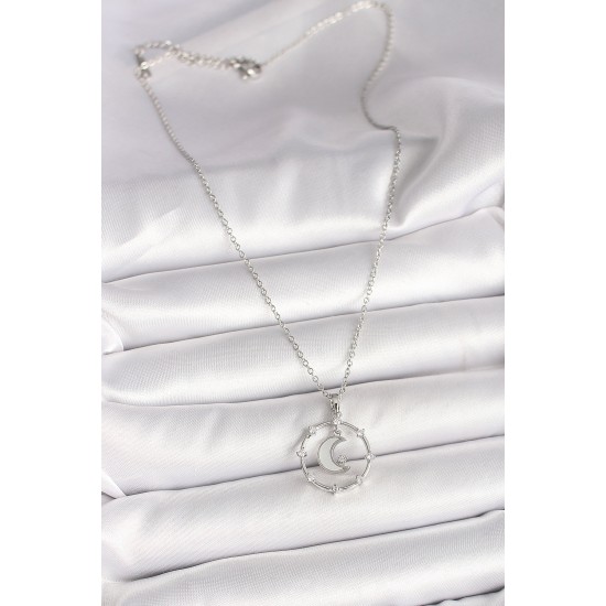 316L Çelik Gümüş Renk Zincir Zirkon Taşlı Beyaz Mineli Hilal Model Kadın Kolye - TJ-BKO9972