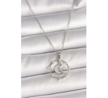 316L Çelik Gümüş Renk Zincir Zirkon Taşlı Beyaz Mineli Hilal Model Kadın Kolye - TJ-BKO9972