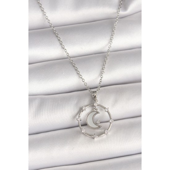 316L Çelik Gümüş Renk Zincir Zirkon Taşlı Beyaz Mineli Hilal Model Kadın Kolye - TJ-BKO9972