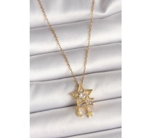 316L Çelik Gold Renk Zincir Zirkon Taşlı Yıldız Model Sallanı Ay Yıldız Detay Kadın Kolye - TJ-BKO9973
