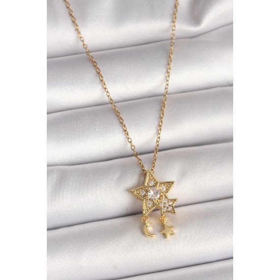 316L Çelik Gold Renk Zincir Zirkon Taşlı Yıldız Model Sallanı Ay Yıldız Detay Kadın Kolye - TJ-BKO9973