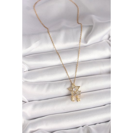 316L Çelik Gold Renk Zincir Zirkon Taşlı Yıldız Model Sallanı Ay Yıldız Detay Kadın Kolye - TJ-BKO9973