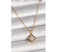 316L Çelik Gold Renk Zincir Zirkon Taşlı Yonca Model Kadın Kolye - TJ-BKO9974