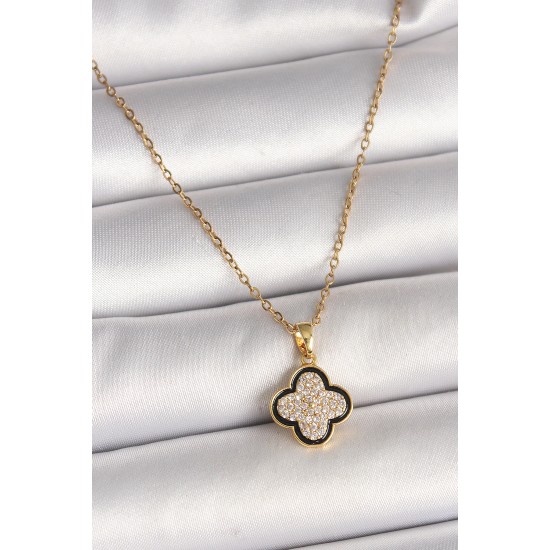 316L Çelik Gold Renk Zincir Zirkon Taşlı Yonca Model Kadın Kolye - TJ-BKO9974