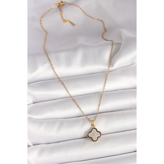316L Çelik Gold Renk Zincir Zirkon Taşlı Yonca Model Kadın Kolye - TJ-BKO9974