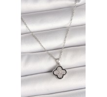 316L Çelik Gümüş Renk Zincir Zirkon Taşlı Yonca Model Kadın Kolye - TJ-BKO9975