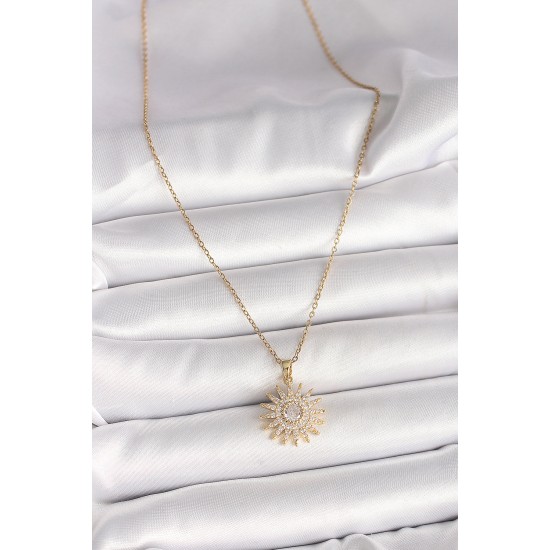 316L Çelik Gold Renk Zincir Zirkon Taşlı Güneş Model Kadın Kolye - TJ-BKO9978