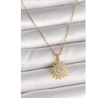 316L Çelik Gold Renk Zincir Zirkon Taşlı Güneş Model Kadın Kolye - TJ-BKO9978
