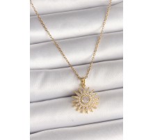 316L Çelik Gold Renk Zincir Zirkon Taşlı Güneş Model Kadın Kolye - TJ-BKO9978