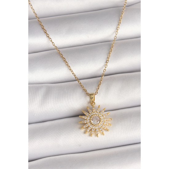 316L Çelik Gold Renk Zincir Zirkon Taşlı Güneş Model Kadın Kolye - TJ-BKO9978