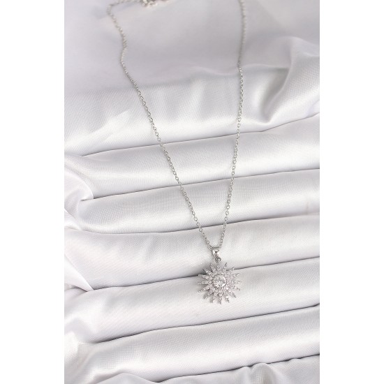 316L Çelik Gümüş Renk Zincir Zirkon Taşlı Güneş Model Kadın Kolye - TJ-BKO9979