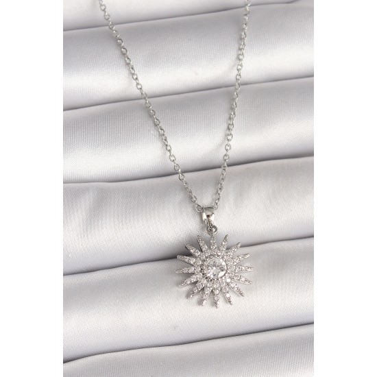 316L Çelik Gümüş Renk Zincir Zirkon Taşlı Güneş Model Kadın Kolye - TJ-BKO9979