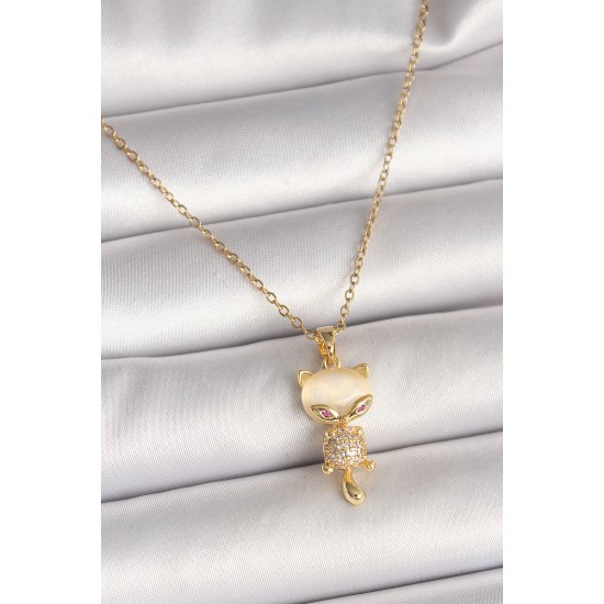 316L Çelik Gold Renk Zincir Zirkon Taşlı Kedi Model Kadın Kolye - TJ-BKO9980