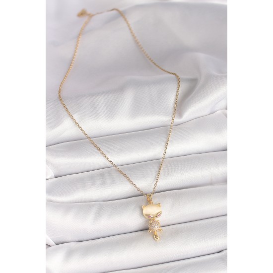 316L Çelik Gold Renk Zincir Zirkon Taşlı Kedi Model Kadın Kolye - TJ-BKO9980
